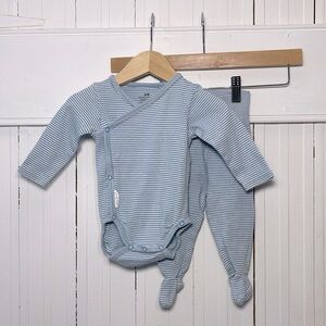 H&M 100% Organic Cotton Blue Striped Long Sleeve Kimono Onesie Footie Set